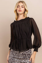 Black Smocked Neck Sheer Sleeve Blouse Top