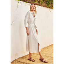 Oatmeal Black Pinstriped Belted Maxi Shirt Dress