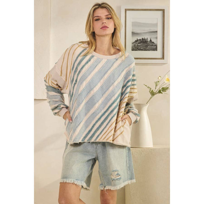 Light Taupe Cloud Washed Stripes Raw Edge Oli+Hali Pullover