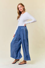 Dark Denim Elastic Waist Wide Leg Pants with Side Pocket