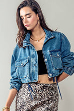 Blue Utility Cropped Drawstring Hem Stand Collar Denim Urban Daizy Jacket