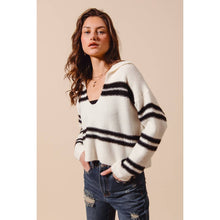 FUZZY HAIRY STRIPE DEEP U NECK SWEATER TOP: MUSTARD/DT BLUE / XL