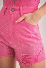 Fuchsia Rhinestone Embellished Stretch Denim Shorts