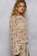 Mocha Round neck long sleeve solid crochet  POL top