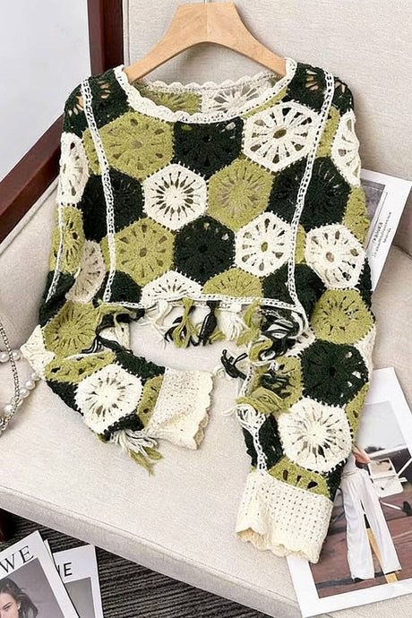 Green Chic Crochet Fringe Knit Top