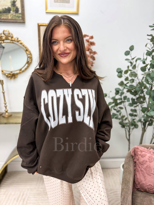 Vanilla Latte Dot Cozy SZN Split Neck Crewneck on Dark Choc