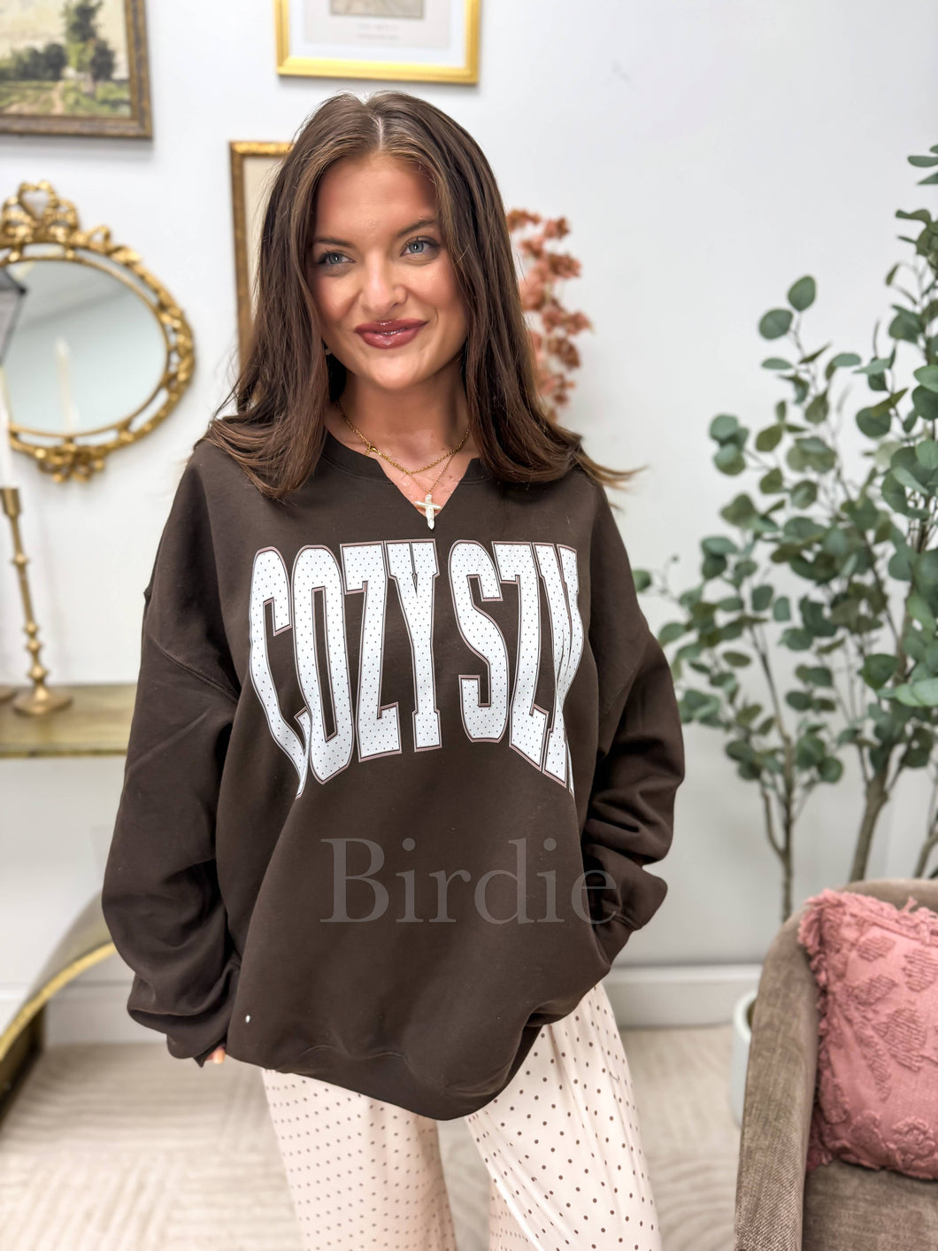 Vanilla Latte Dot Cozy SZN Split Neck Crewneck on Dark Choc