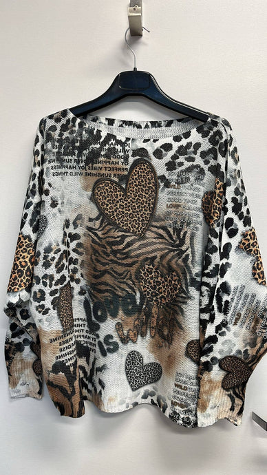 Hearts Leopard Round Neck Knit Printed Sweater