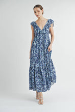 Blue Ruffle Tiered V-neck Maxi Dress