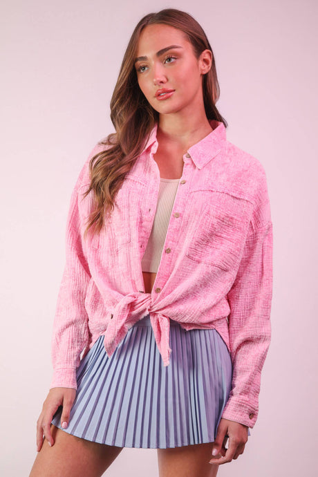 Pink Mineral Washed Gauze Button Down Shirt Top