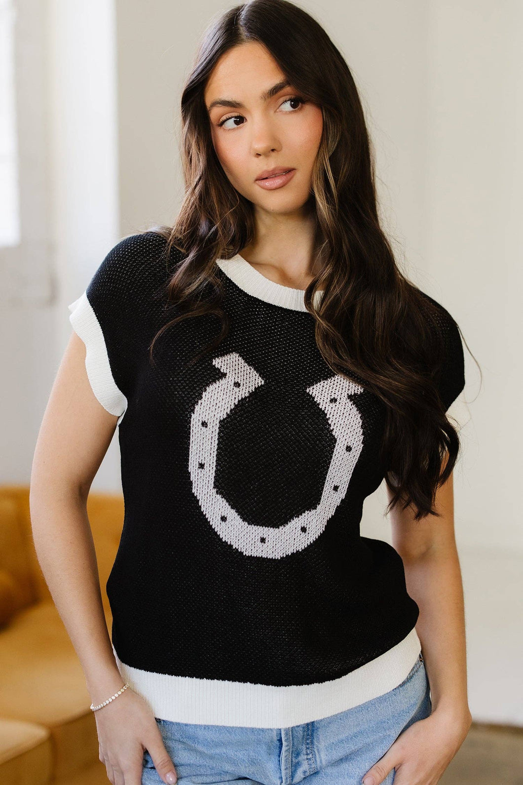 Black Western Horseshoe Short Sleeve Sweater