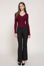 Dark Wine Long Sleeve V-Neck Cardigan with V-Shape Hem