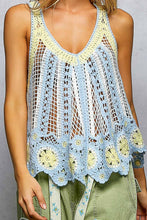Blue Multi V-Neck Sleeveless Scalloped Edge Stripe Border Crochet POL Top