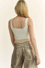 Nude Davi Dani BEAD AND PEARL EMBELLISHED LONG SLEEVES MESH TOP