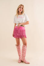 Hot Pink Wide Faux Leather Waist Tiered Fringe Studded Short