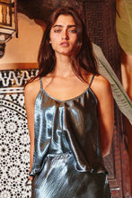Metallic Blue Silky Bias Cut Solid Cami Top