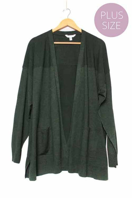 Green Plus Long Sleeve Open Front Lightweight Knit Cardigan