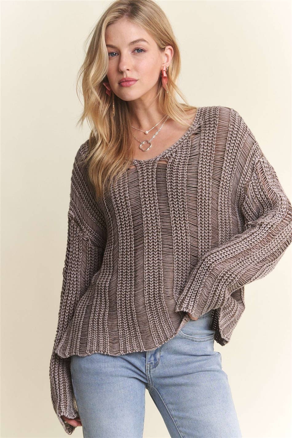 Mocha Distressed Mineral Washed Sweater