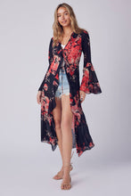 Black Coral Floral Ruffle Kimono