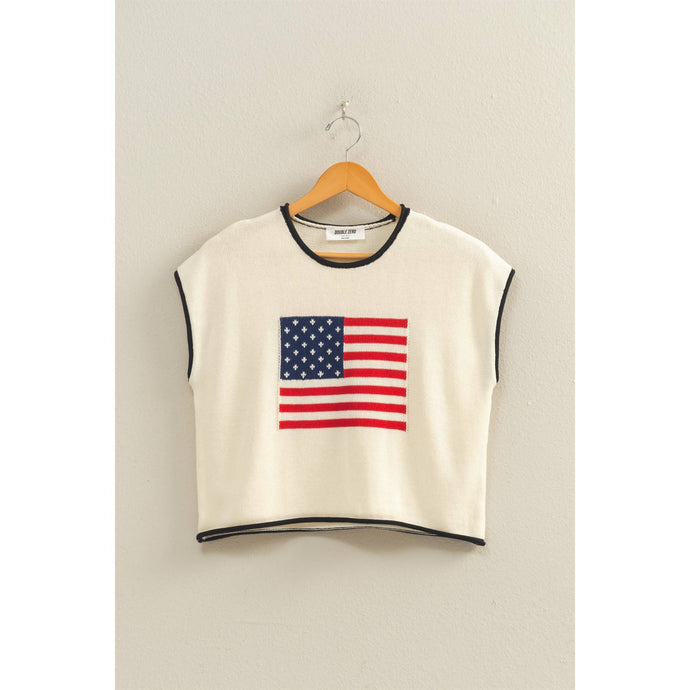 Cream Rolled Hem Sleeveless Flag Graphic Top
