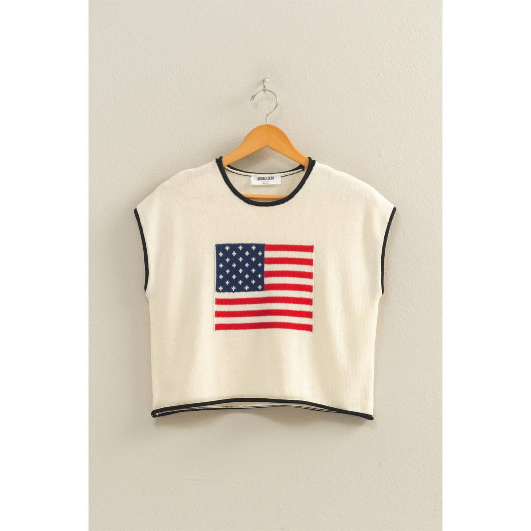 Cream Rolled Hem Sleeveless Flag Graphic Top