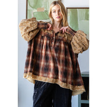 Brown Mixed Plaid Bubble Short Sleeve Oli+Hali Blouse