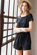 Black Solid Bulgari Romper with Belt and Keyhole Back