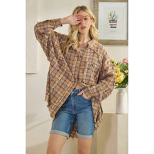 Brown Combo Washed Button Down Long Sleeve Plaid Oli+Hali Shirt