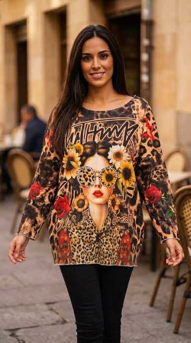 Leopard Cosy Sunflower Girl Printed Sweater