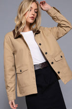 Olive Long Sleeve Corduroy Collar Detail Cotton Twill Work Jacket