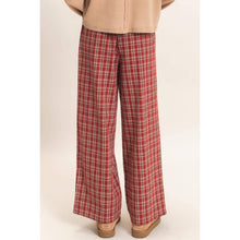 Dark Red Elastic Waist Plaid Pants