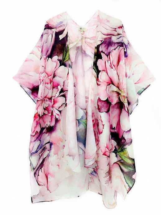 Pink-Green Watercolor Peony Blossom Kimono