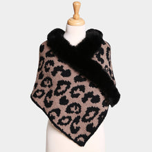 Grey Faux Fur Trim Leopard Pattern Shawl Wrap