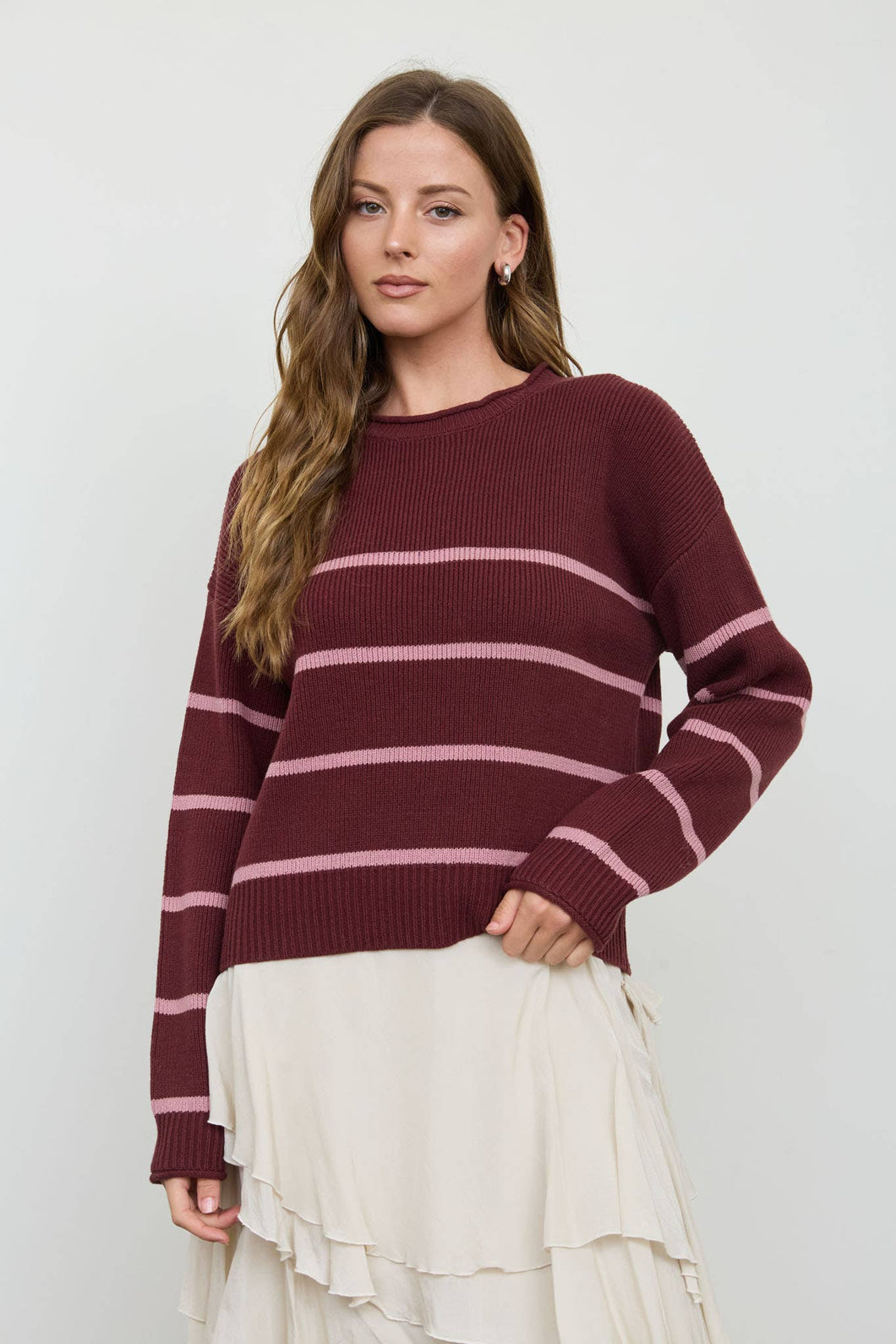 Red Wood Stripe Raw Crew Neck Long Sleeve Sweater