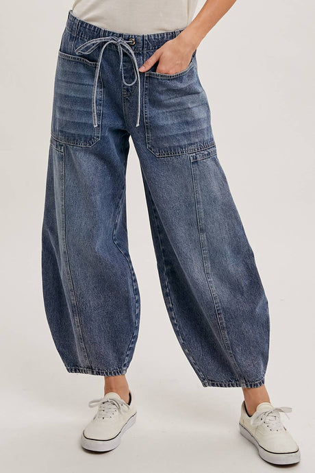 Med Wash Denim Mid Waist Drawstring Barrel Jeans
