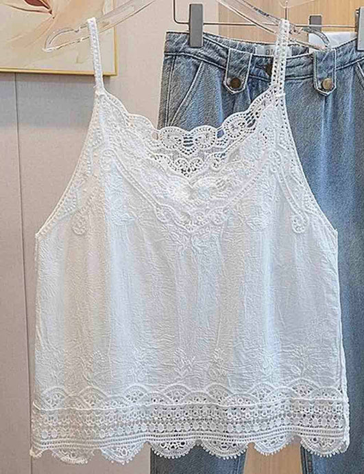 White V-Neck Lace Embroidery String Shoulder Cami Top