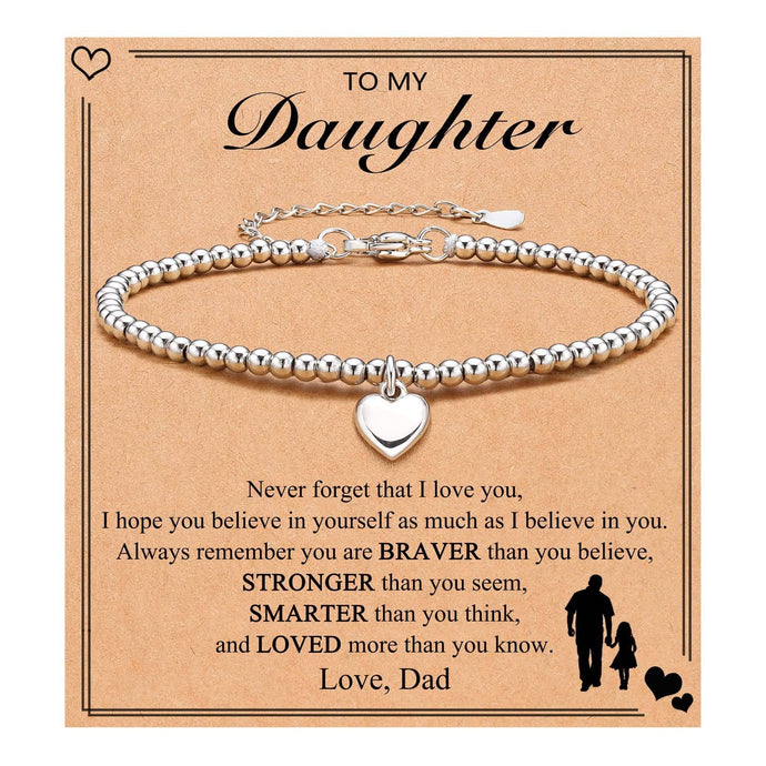 To My Daughter from dad Heart Charm Stainless Steel Bracelet with Blessing Cards: