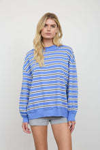 Blue Contrast Wide Neck Long Sleeve Stripe Knit Top