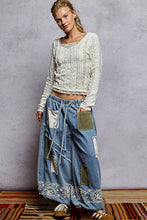 Cream Square neck long sleeve lace printed solid ruffle knit POL top