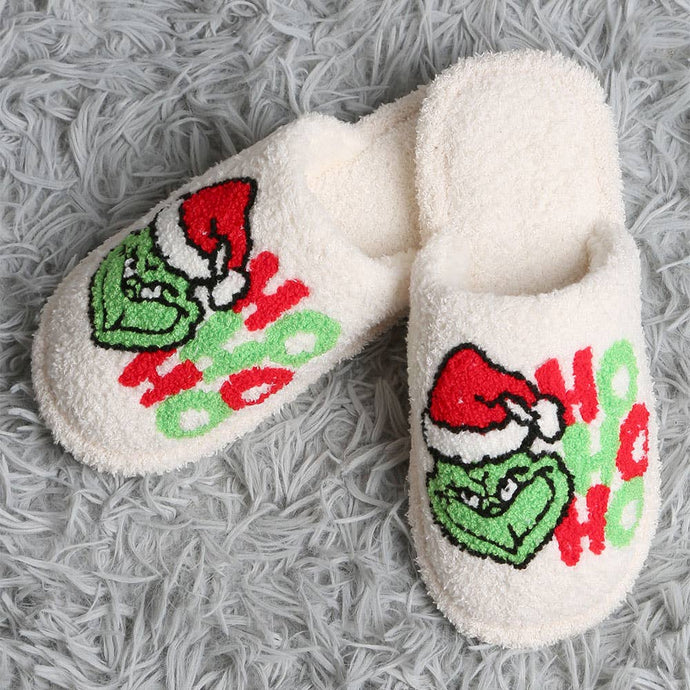 HO HO HO Holiday Grinch Soft Home Indoor Floor Slippers