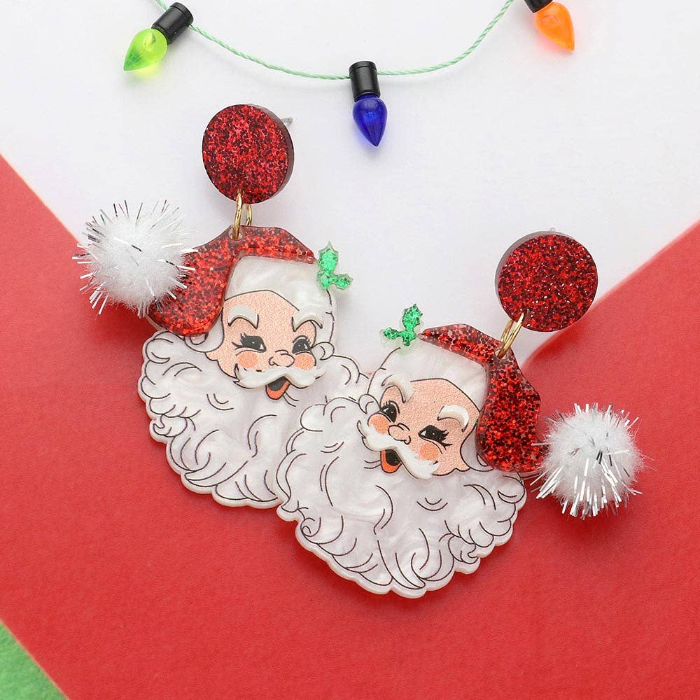 Red Glittered Resin Pom Santa Dangle Earrings