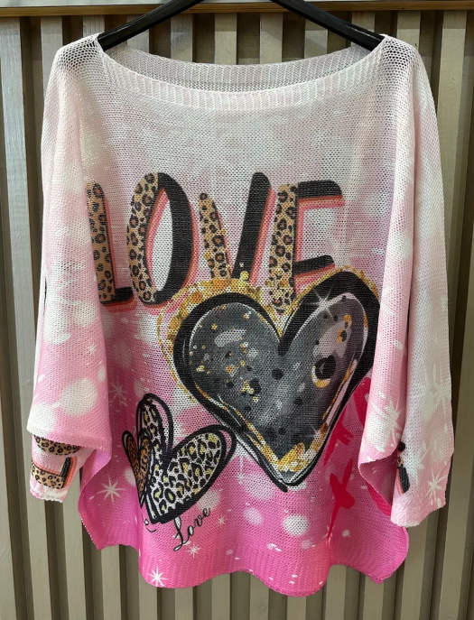 Pink LOVE Round Neck Knit Printed Sweater