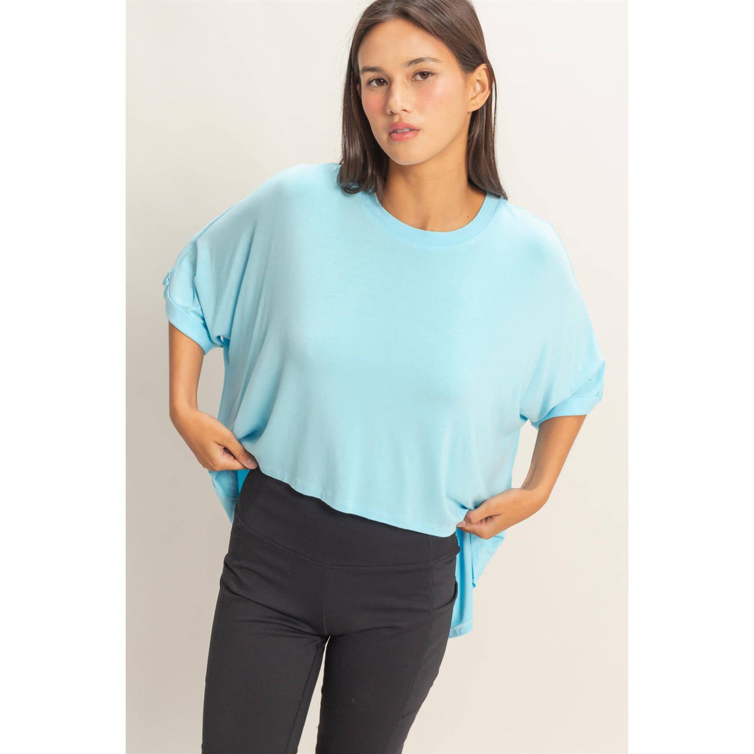 Blue Relaxed High-Low Batwing Sleeve Top