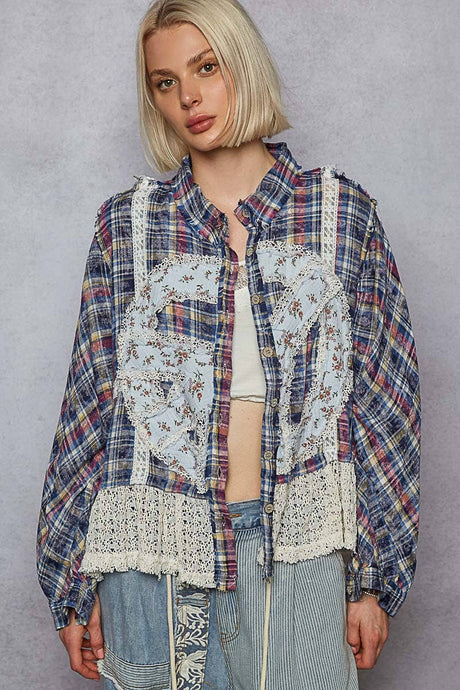 Blue Multi Plaid pattern with peace patch POL shirt
