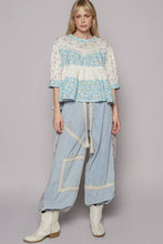 Ivory Blue Round neck short sleeve embroidered print POL top