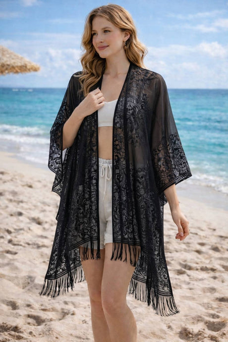Black Open Front Lace Floral Long Fringe Kimono Cover-Up