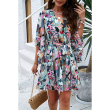 Green Floral V Neck Waist Tie Ruffle Hem Wrap Dress