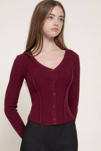 Dark Wine Long Sleeve V-Neck Cardigan with V-Shape Hem