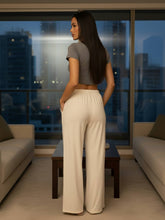 Drawstring waist wide leg minimalist pants: Washed Blue / L