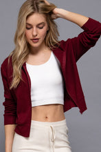 Burgundy Long Sleeve Crop Zip-Up Thermal Hoodie Jacket